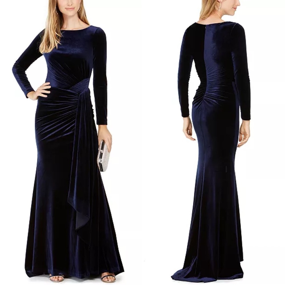 Vince Camuto Velvet Long Sleeve Ruched Formal Gown Dress Side Slit Navy Size 4